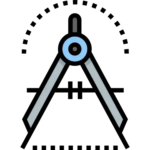 Geometric compass with a blue circular detail at its pivot point.