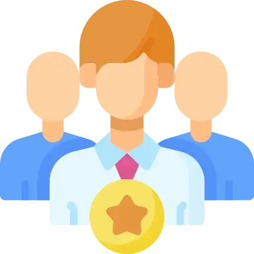 Simple icon showing three people with a gold star medal or badge in front.