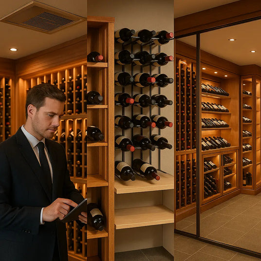 Wine cellar expert planning cooling, custom racking, and storage layout in luxury cellar setting