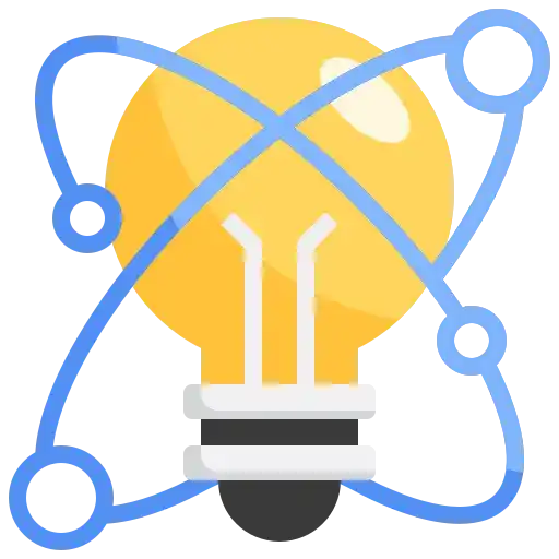 Yellow lightbulb with blue atomic orbital rings surrounding it.