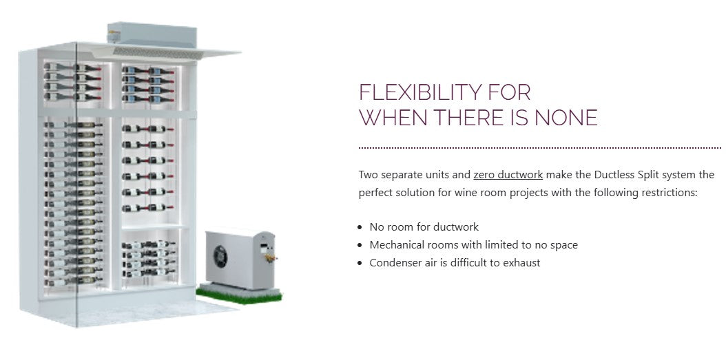 Ductless Split wine cooling system with ceiling unit and outdoor condenser – ideal for spaces with no room for ductwork  Wine Guardian Dealer