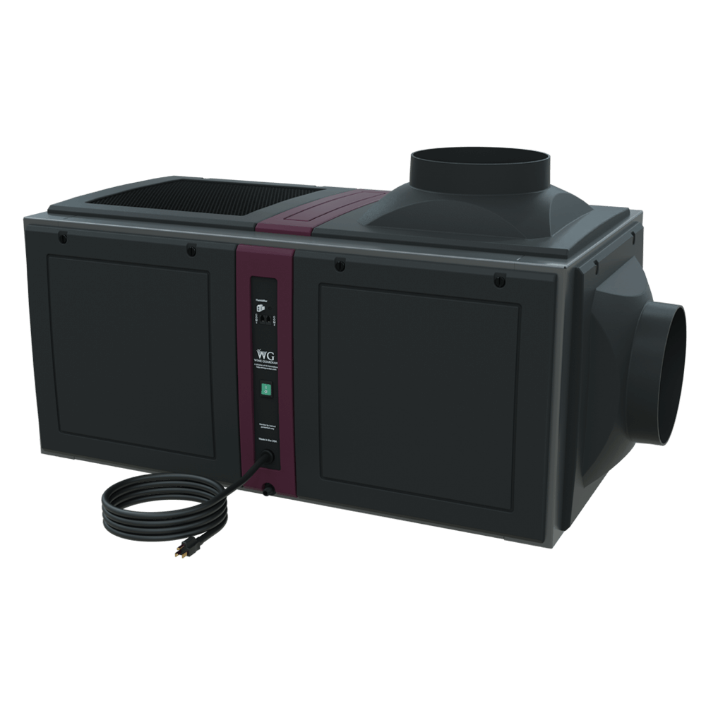 Wine Guardian D050 ducted wine cellar cooling unit, front-right view with duct collars - Wine Guardian Dealer