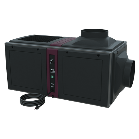Wine Guardian D050 ducted wine cellar cooling unit, front-right view with duct collars - Wine Guardian Dealer