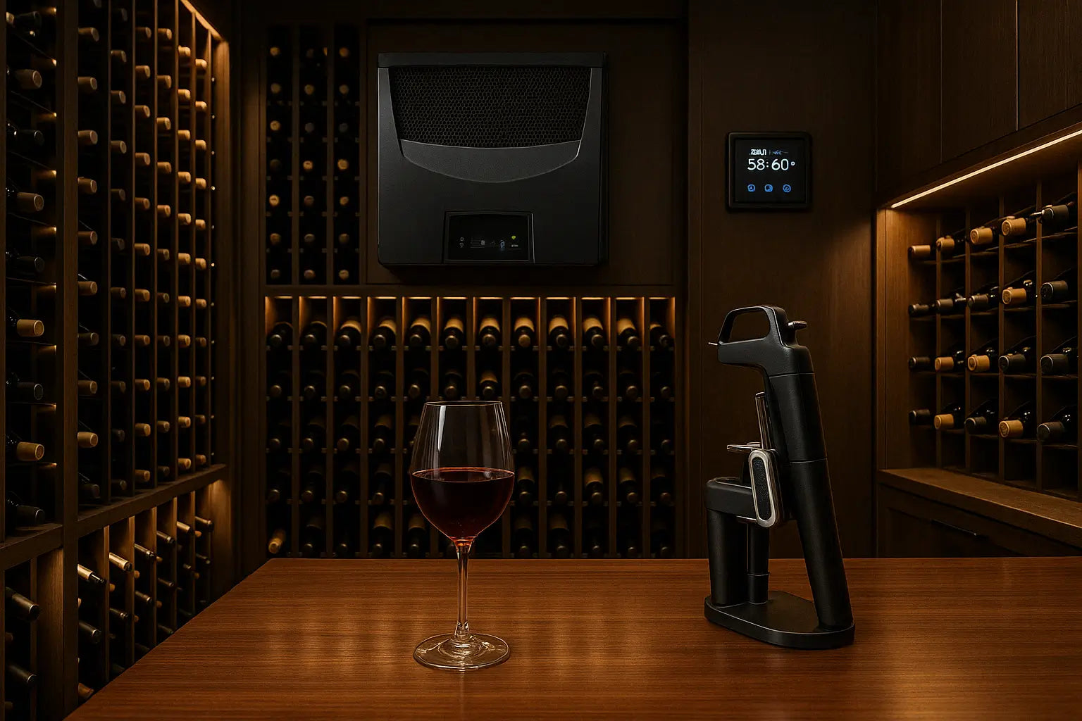 Modern luxury wine cellar with floor-to-ceiling racks, Wine Guardian cooling system, digital control panel, and glass of red wine on counter