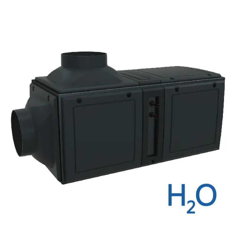 Wine Guardian DP25WC Pro ducted unit, right side view showing the water inlet and outlet connections