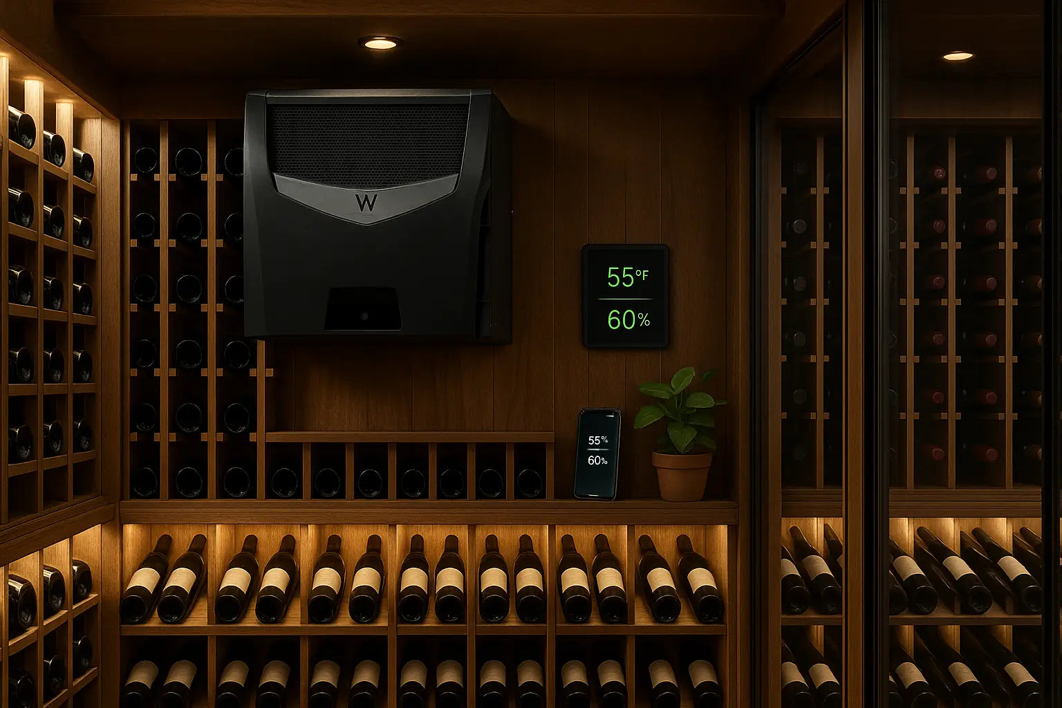 Luxury wine cellar with compact cooling unit, showcasing whisper-quiet operation, smart Wi-Fi monitoring, energy efficiency, and stable temperature and humidity control for premium wine storage.