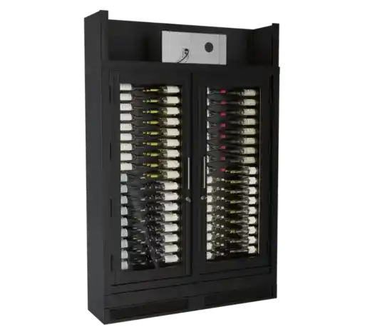 Black wine storage cabinet with glass doors displaying multiple bottles arranged in rows.