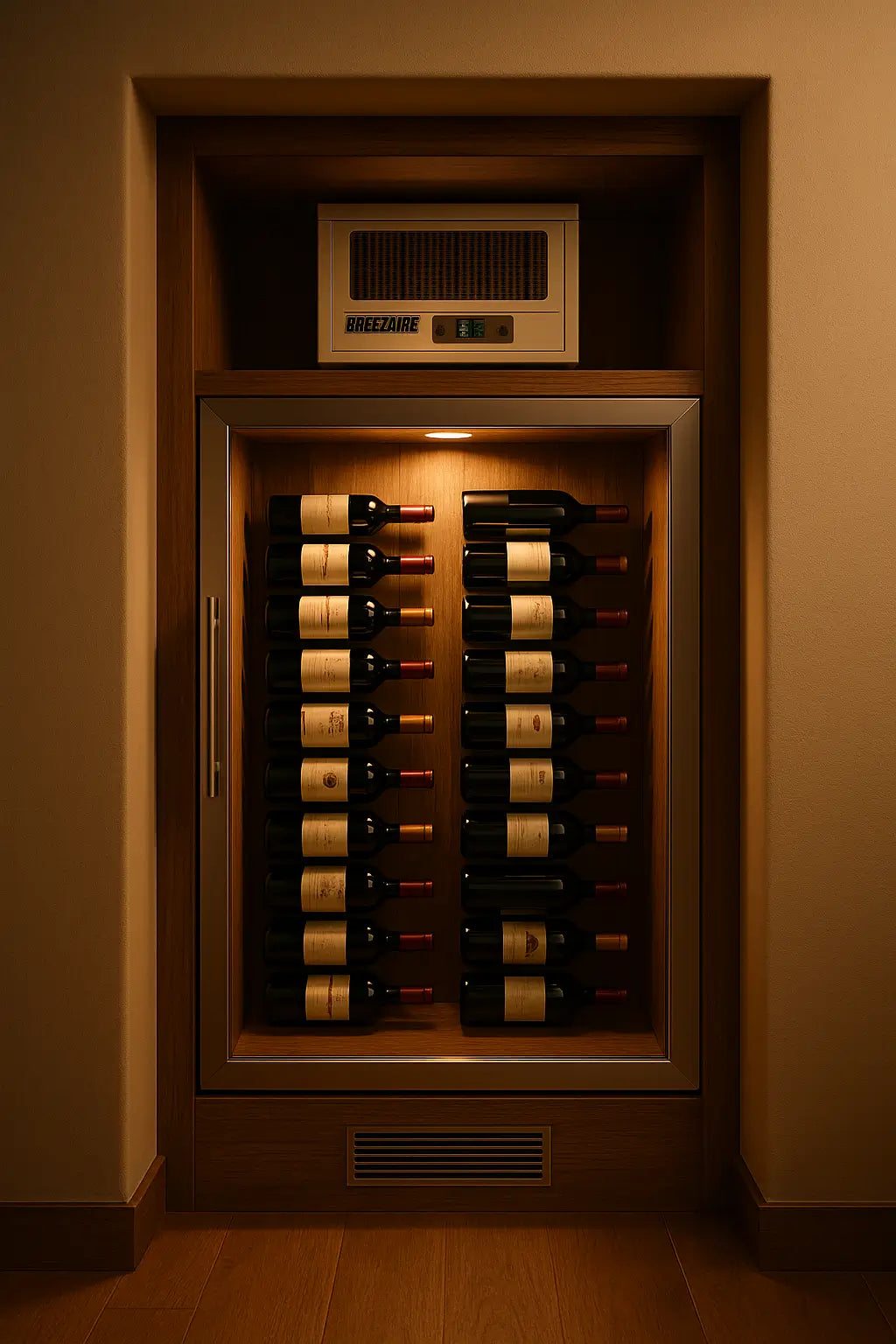 Compact wine room featuring Breezaire through-the-wall cooling unit