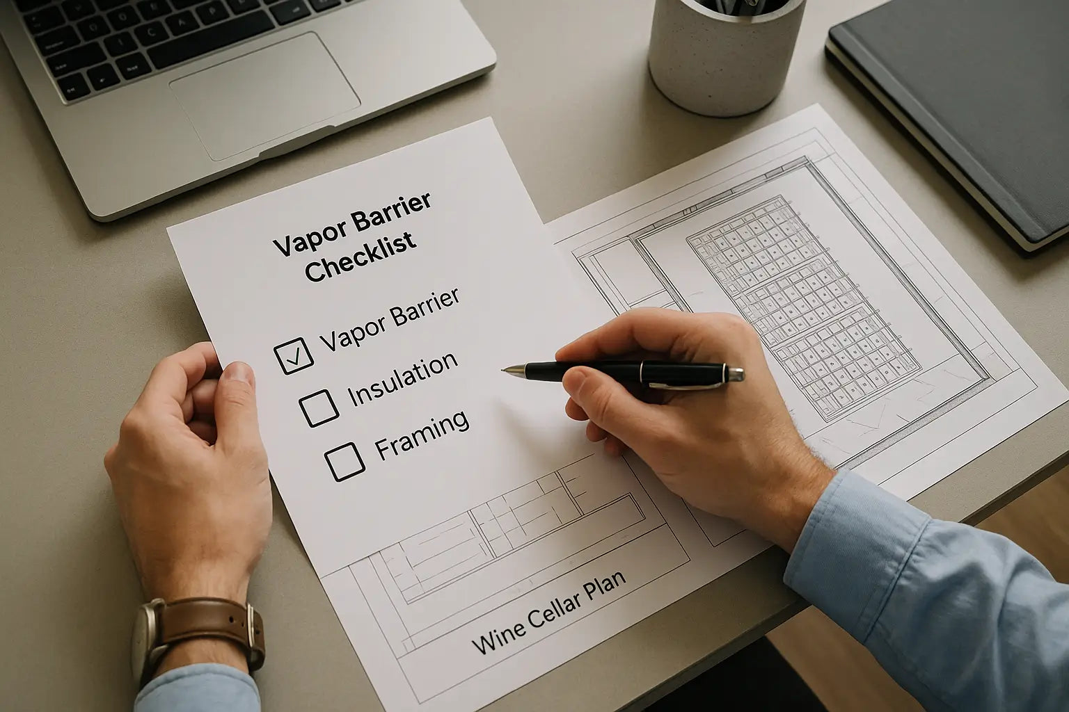 Wine cellar blueprints and vapor barrier checklist on desk with consultation