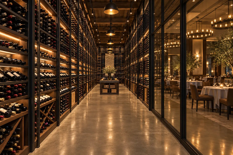 Commercial wine storage room with rows of racking, Wine Guardian Dealer