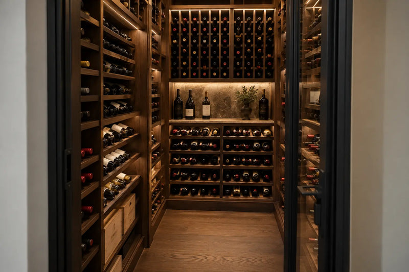 Small wine room with walnut racking, under 1,200 cubic feet, Wine Guardian Dealer