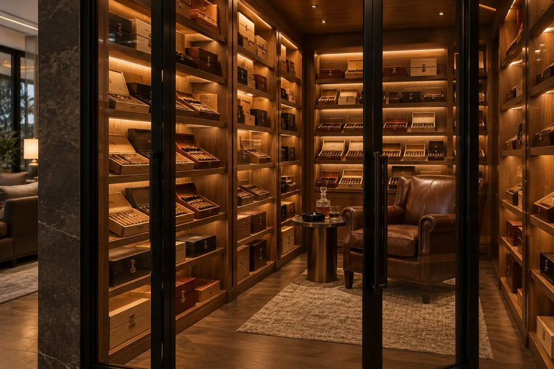 Walk-in cigar humidor with cedar shelving and glass doors, Wine Guardian Dealer