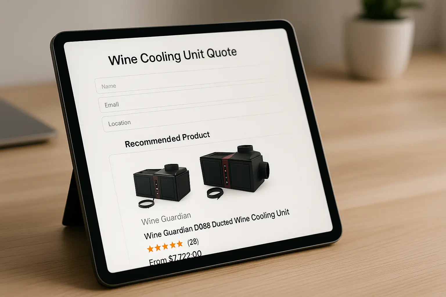 Tablet showing cooling system quote form and product options