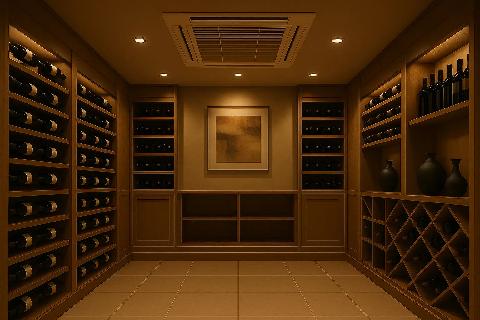 Ducted wine cooling unit hidden in ceiling with vented air return and supply