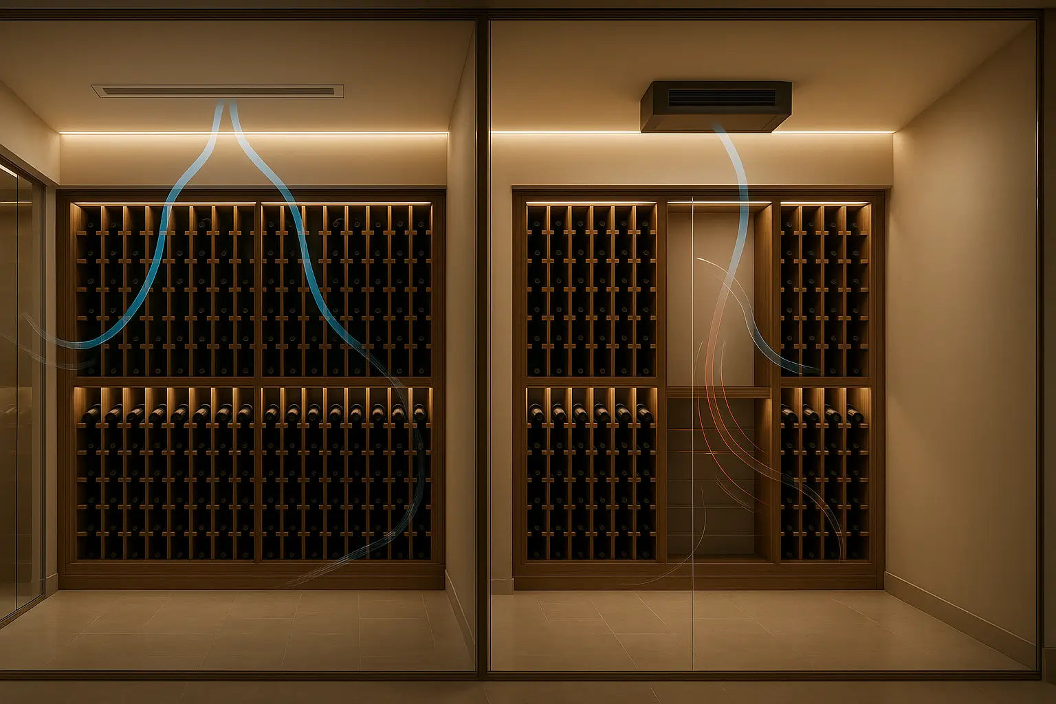 Side-by-side comparison of ducted and split systems cooling a glass wine cellar