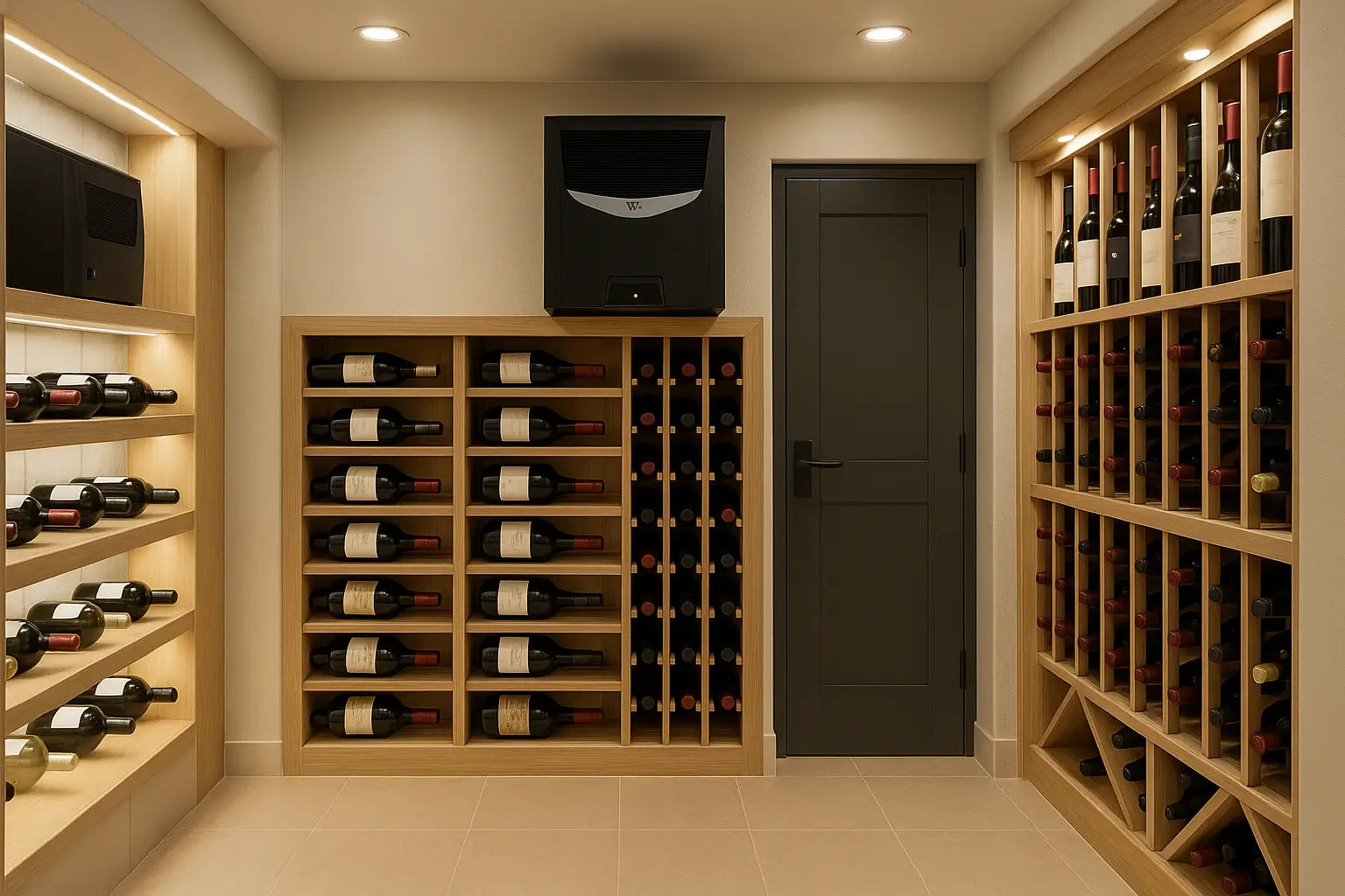 Completed wine cellar with LED lighting, custom wine racks, painted walls, cooling system, and secure door