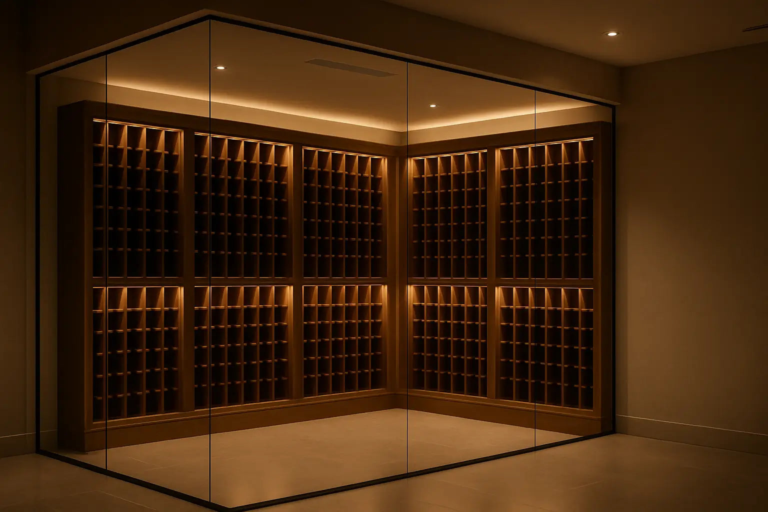 Modern glass-walled wine cellar with discreet ceiling-mounted cooling vents