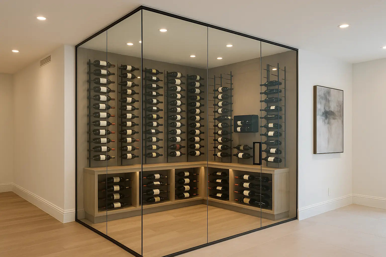 Glass-walled wine room with concealed ducted cooling