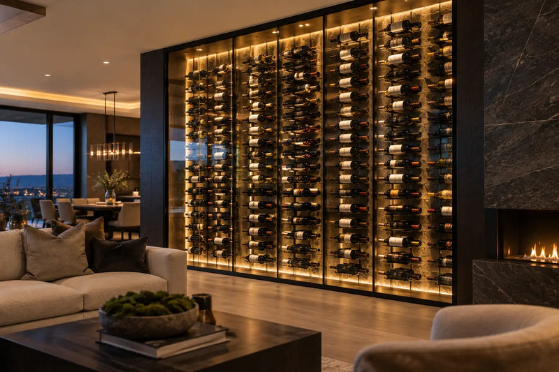 Backlit glass wine wall in a modern living room, Wine Guardian Dealer