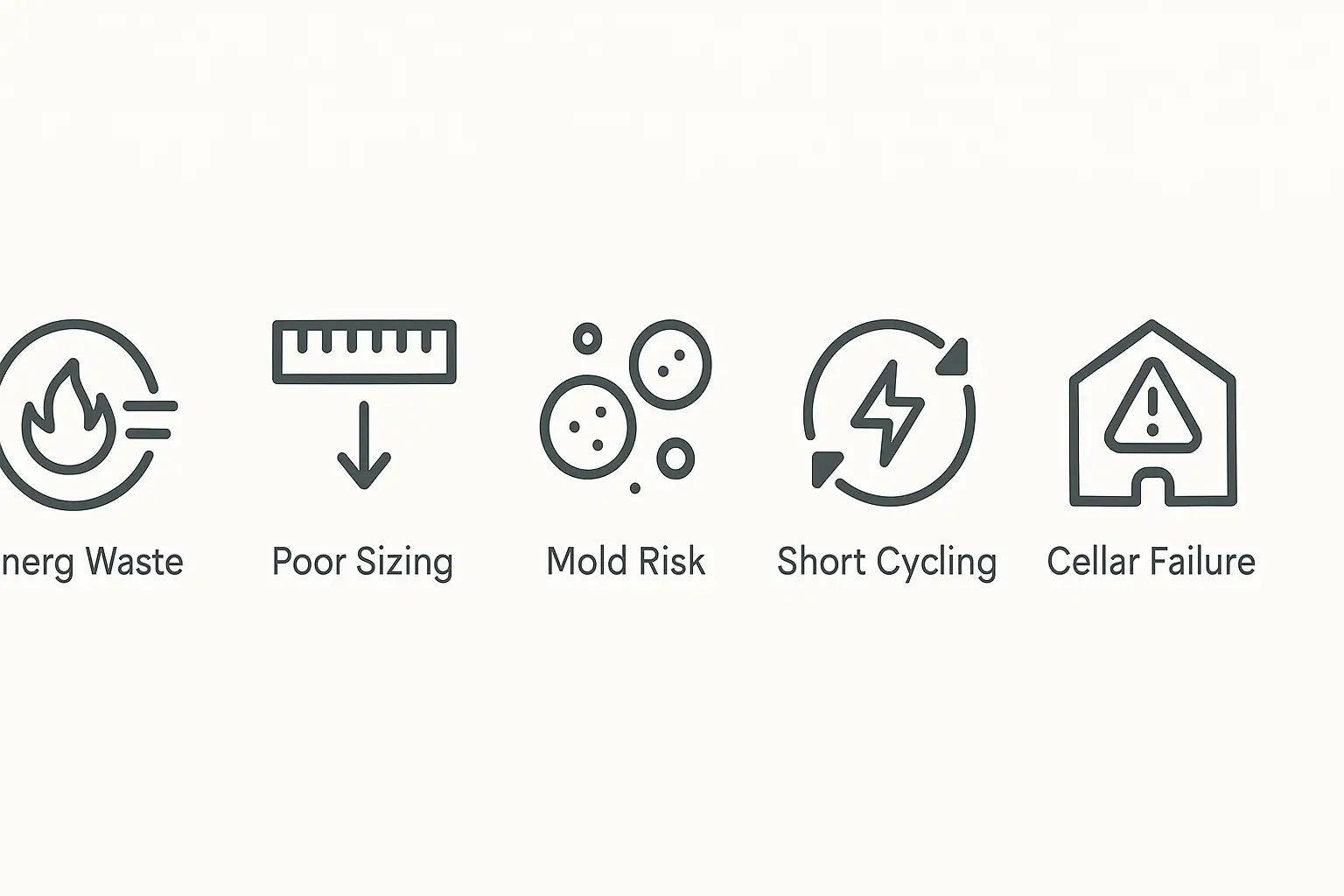Icons showing potential hidden wine cellar costs: mold risk, energy waste, undersized system replacement