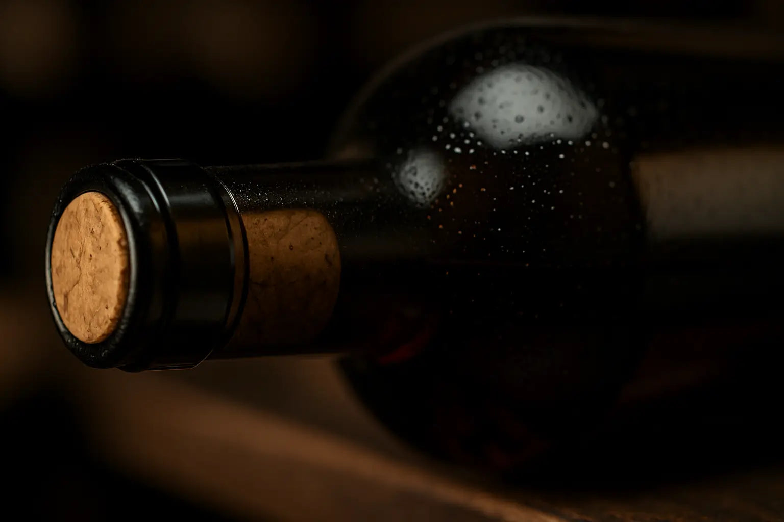 Close-up of a wine cork touching the wine inside a bottle stored horizontally
