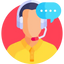 Icon of a customer service representative wearing headphones with a microphone and a speech bubble.