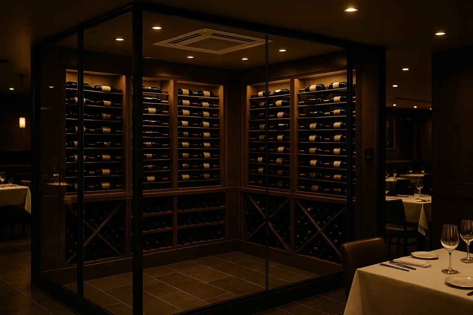 Glass wine room in luxury restaurant with wine temperature control