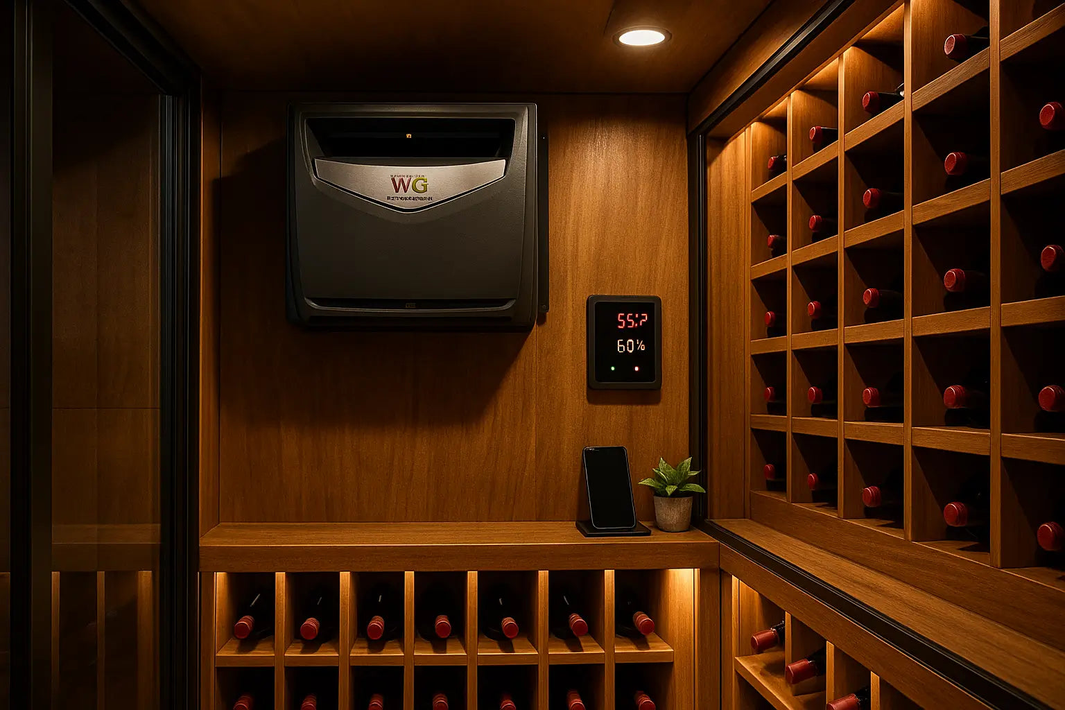 Luxury wine cellar with wall-mounted cooling unit, custom wood racks, digital climate control panel, and smartphone monitoring, 16:9 aspect ratio