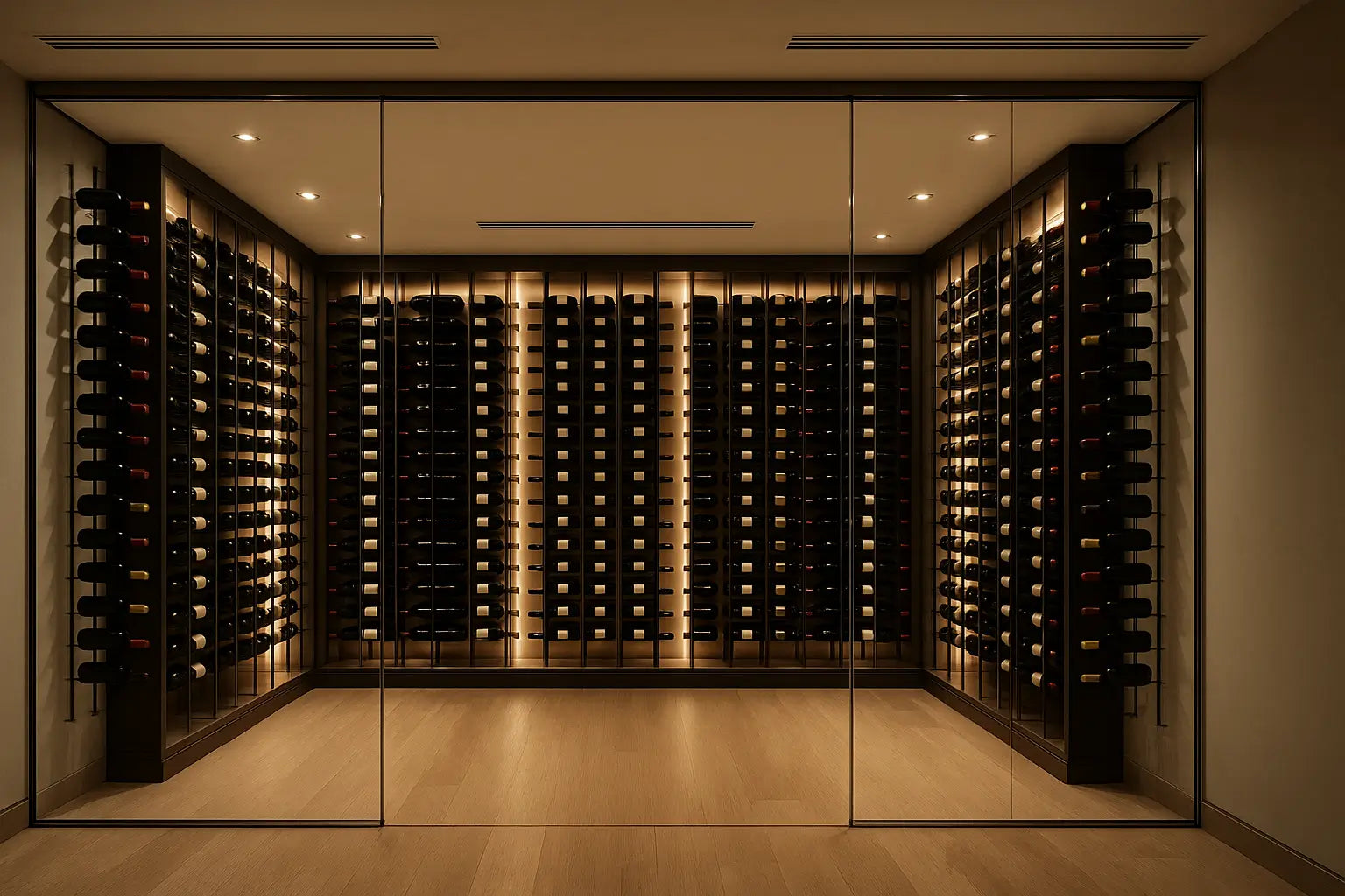 Modern glass wine cellar with ducted Wine Guardian system and hidden vents