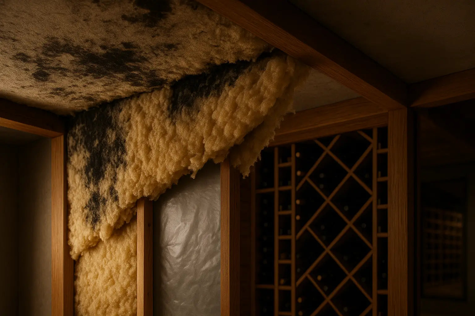 Moisture damage on wine cellar ceiling due to missing vapor barrier
