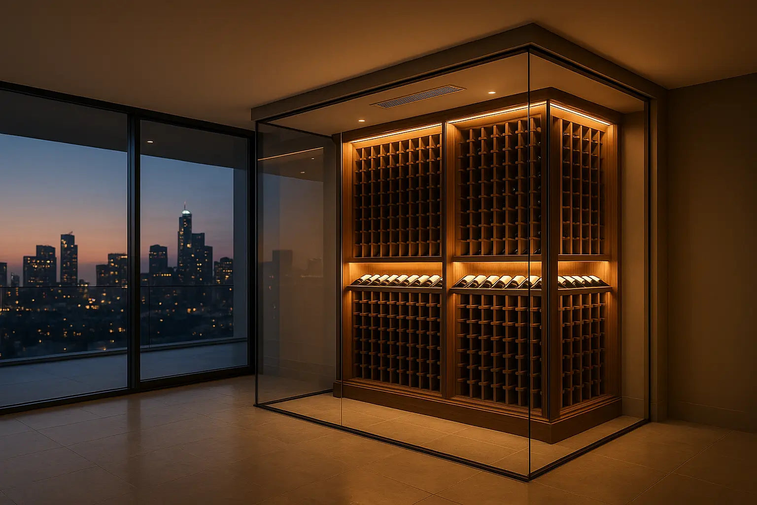 Luxury penthouse wine cellar enclosed in glass, with remote cooling system