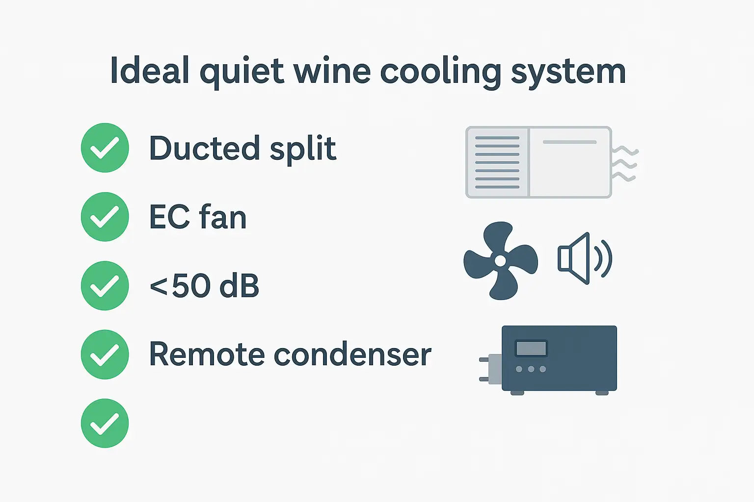 Checklist of features for selecting a quiet wine cooling system