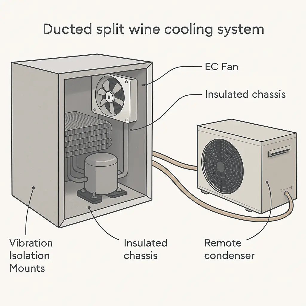 Diagram of quiet wine cooling system with fan and compressor isolation