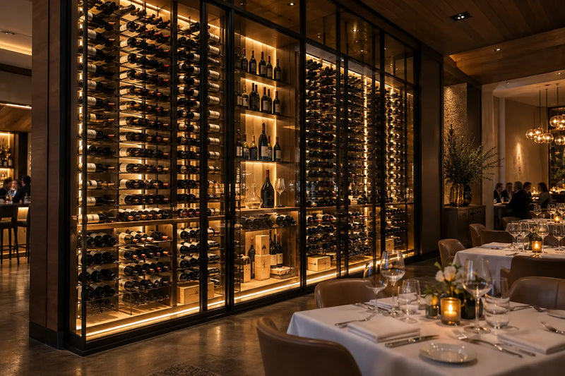 Illuminated wine display wall in a restaurant dining room, Wine Guardian Dealer