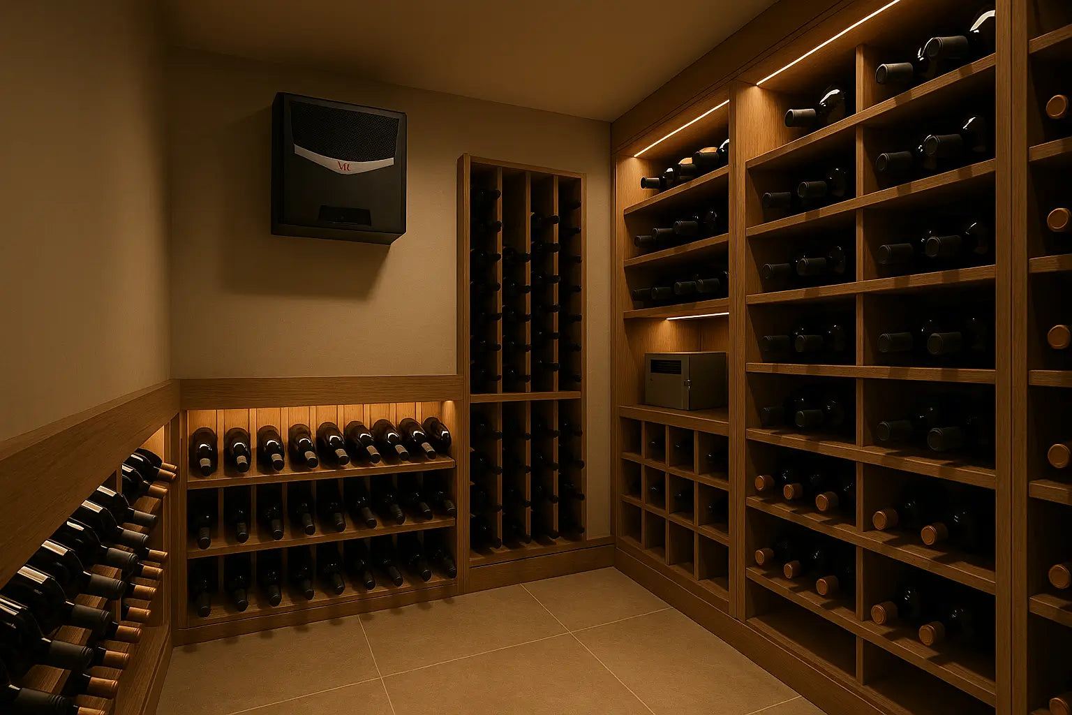 Self-contained wine cooling unit installed through the wall of a compact wine cellar