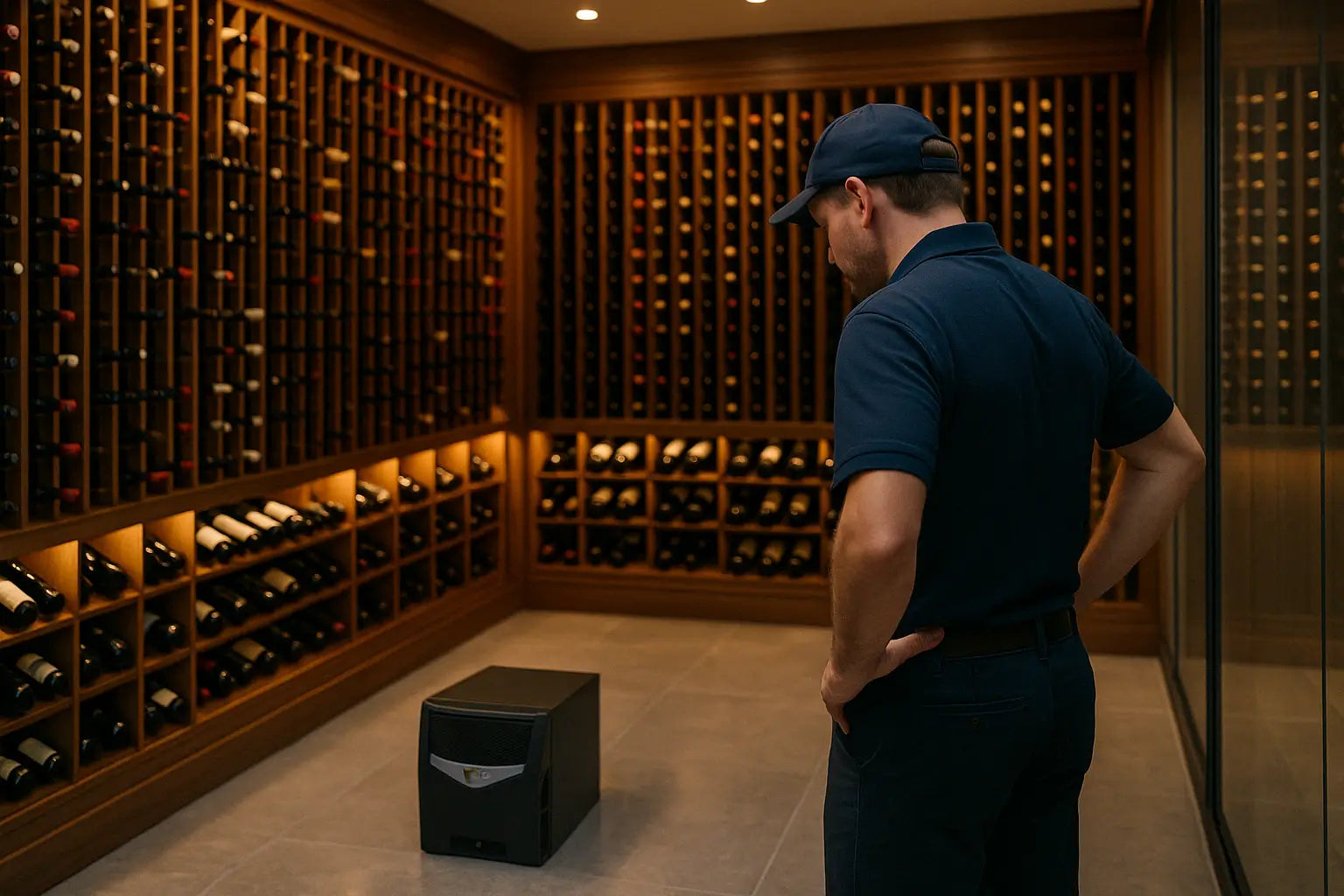 Technician inspecting a Wine Guardian humidifier inside a luxury wine cellar with custom wood wine racks