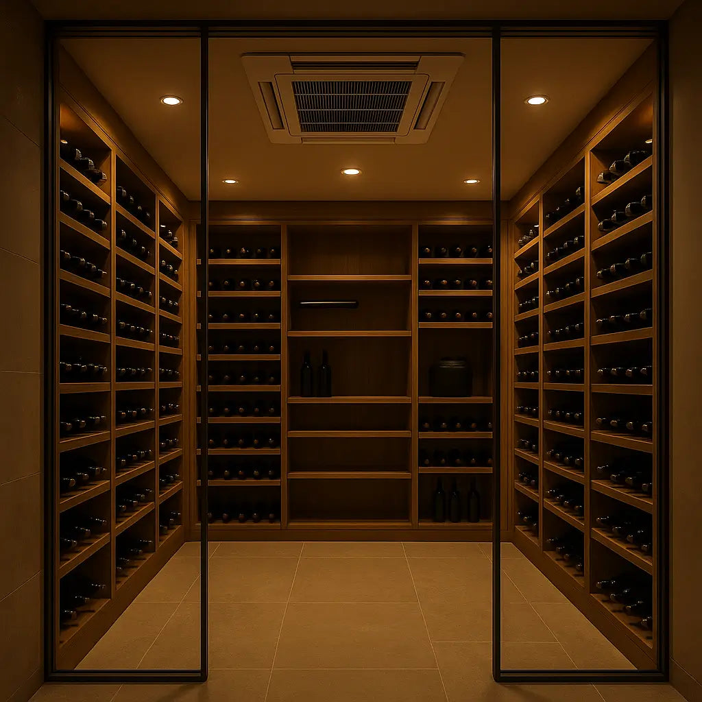 Smart wine storage in glass-walled cellar