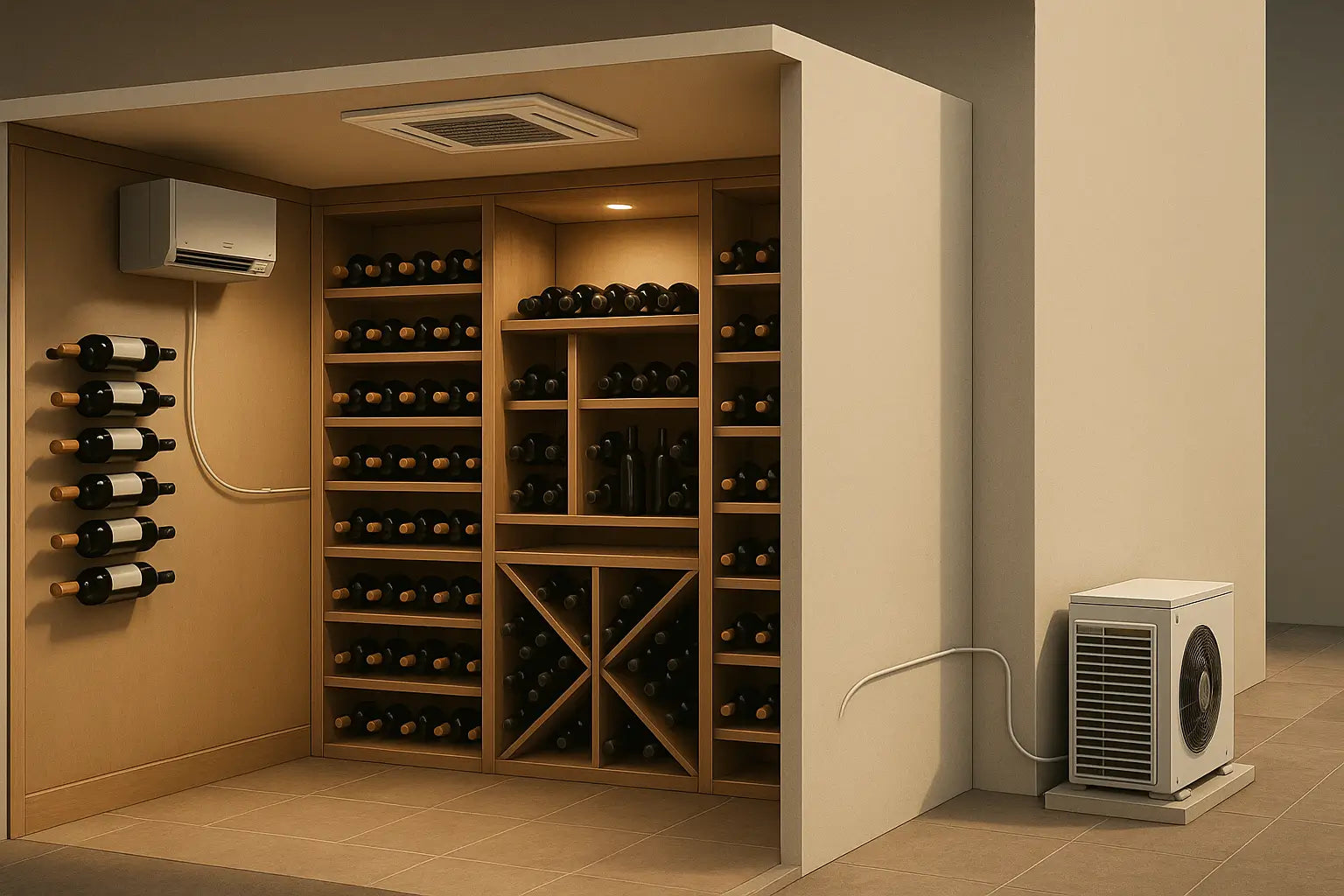 Split wine cooling system with exterior condenser and indoor evaporator in cellar