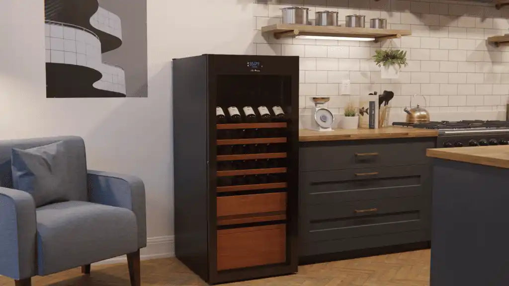 Modern wine cooler in a stylish kitchen setting with wooden countertops | Wine Guardian Dealer