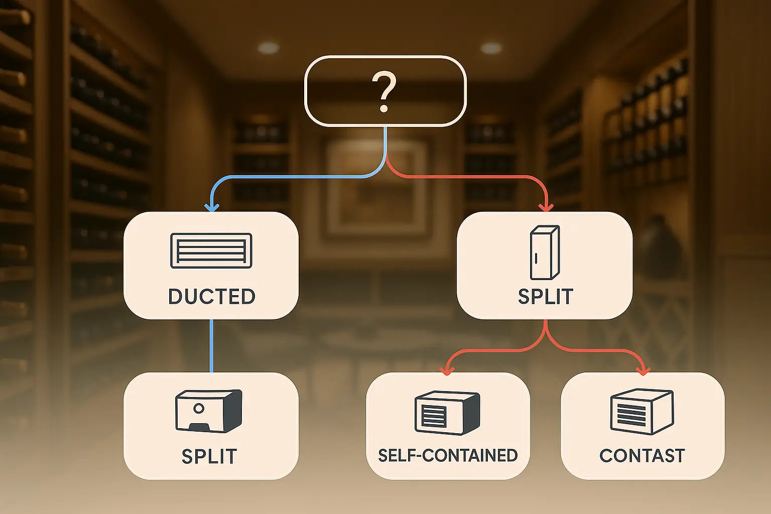 Flowchart helping users choose between ducted, split, or self-contained systems