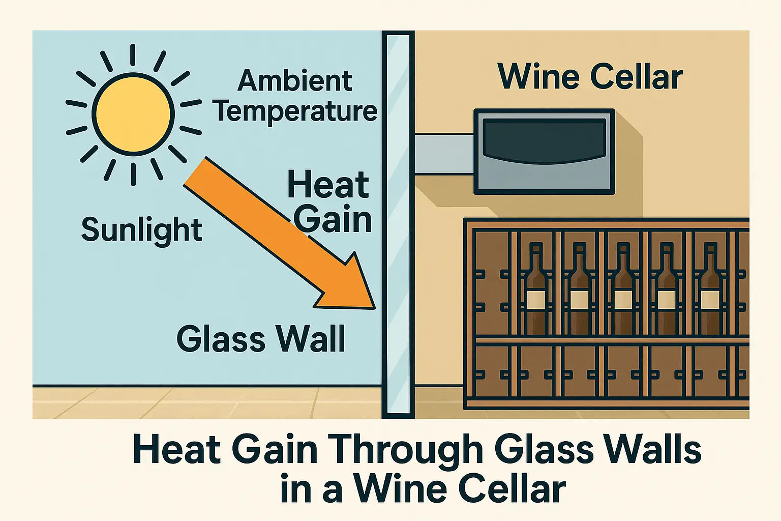Illustration of solar and ambient heat entering a glass wine cellar