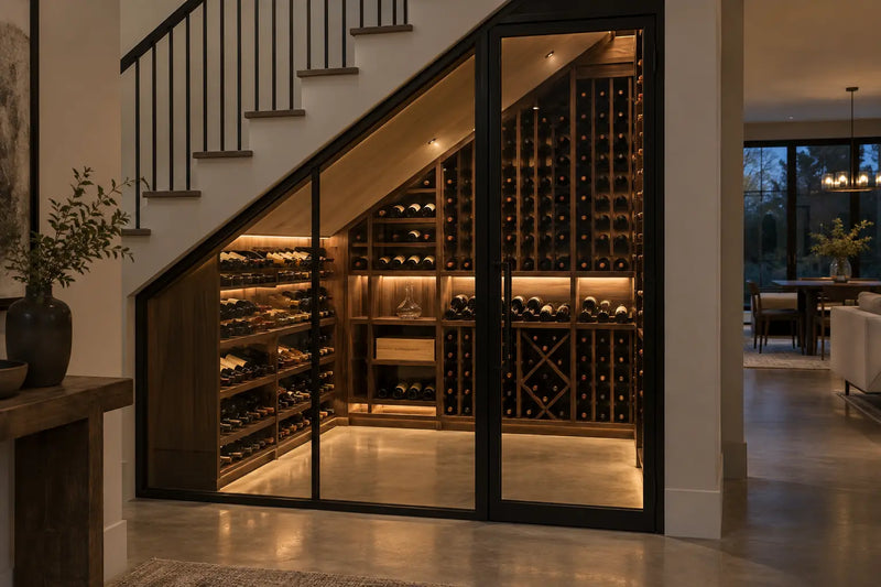 Glass-enclosed wine cellar built under a staircase, Wine Guardian Dealer