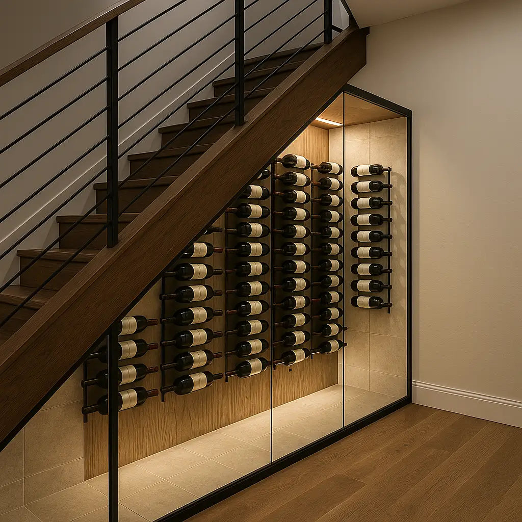 Under-stairs wine wall with compact split system