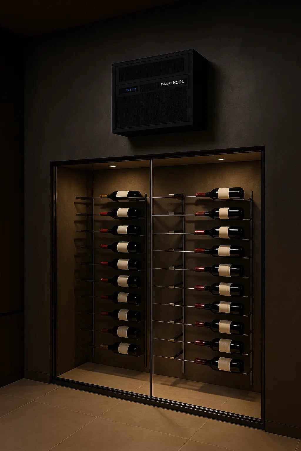 Wine room featuring WhisperKOOL self-contained cooling unit installed on wall.