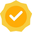 White checkmark symbol inside orange and yellow circular badge.