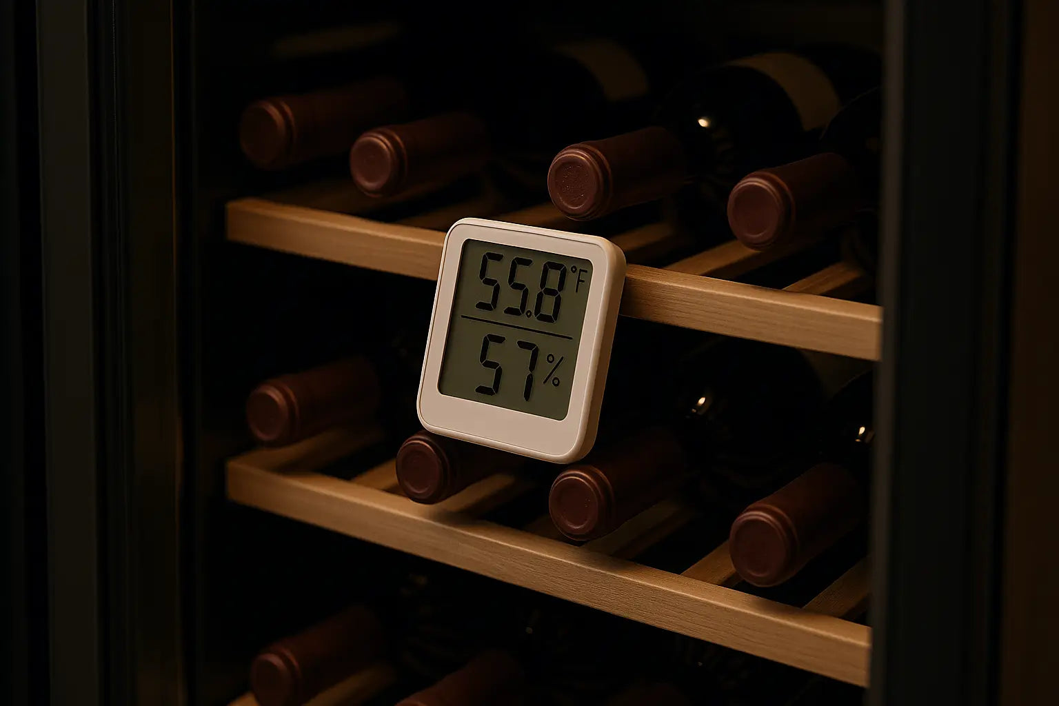 Wine storage thermometer and humidity monitor inside wine cabinet