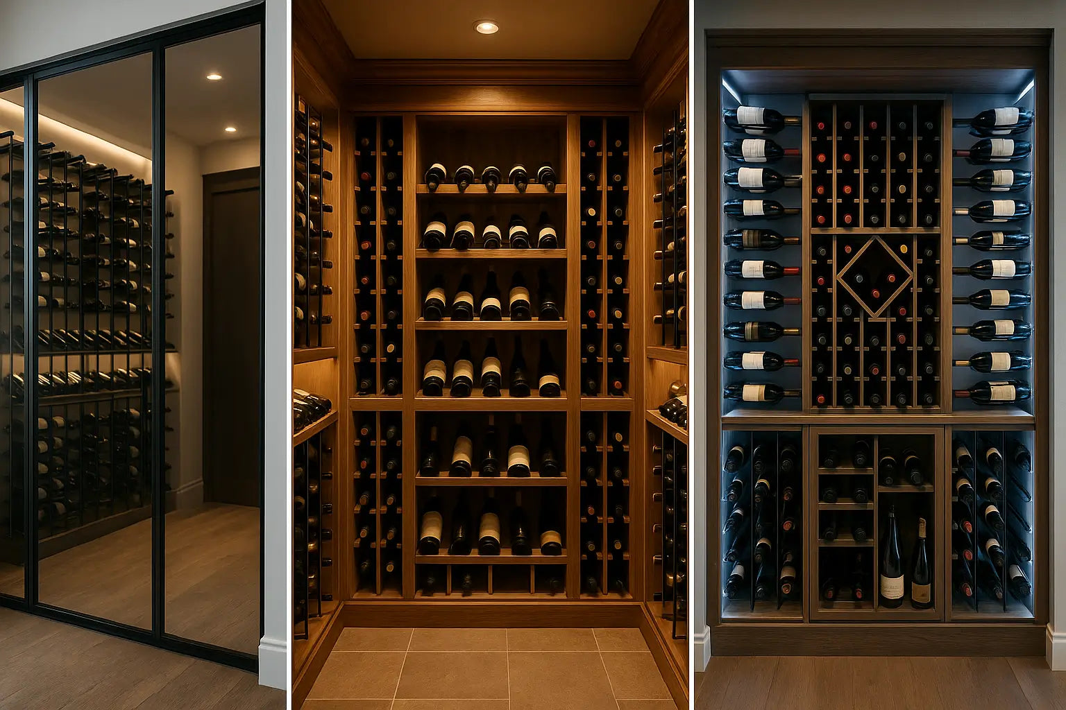 Three wine cellar styles including glass enclosure, traditional wood, and hybrid designs with custom lighting