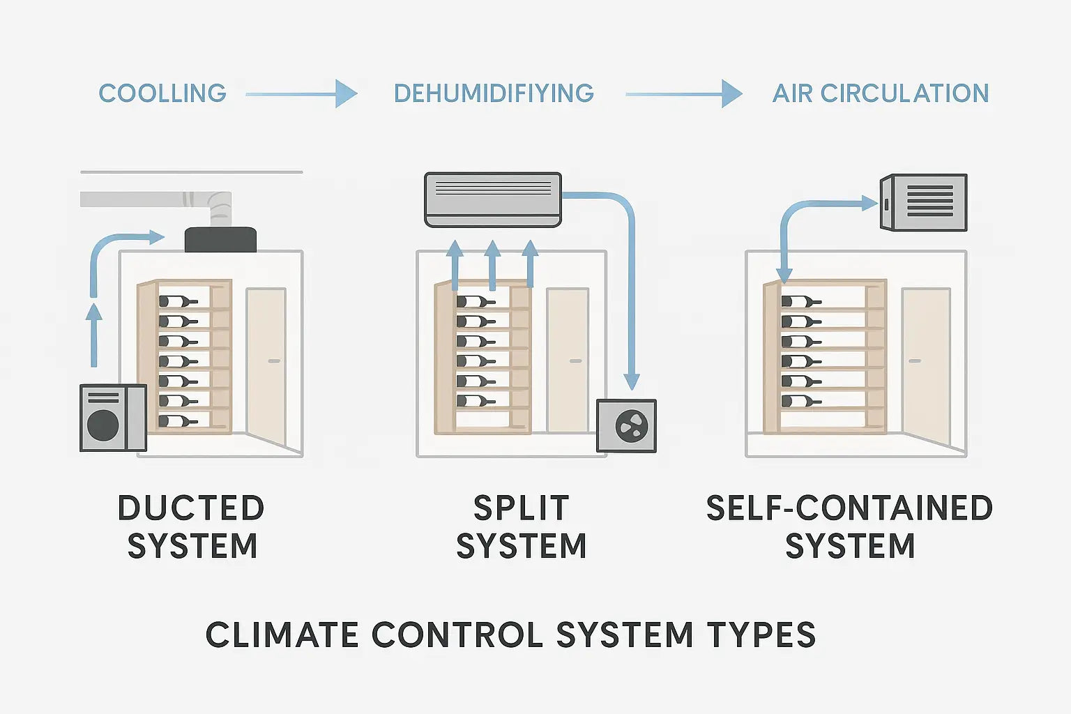 Climate control system types for wine cellars