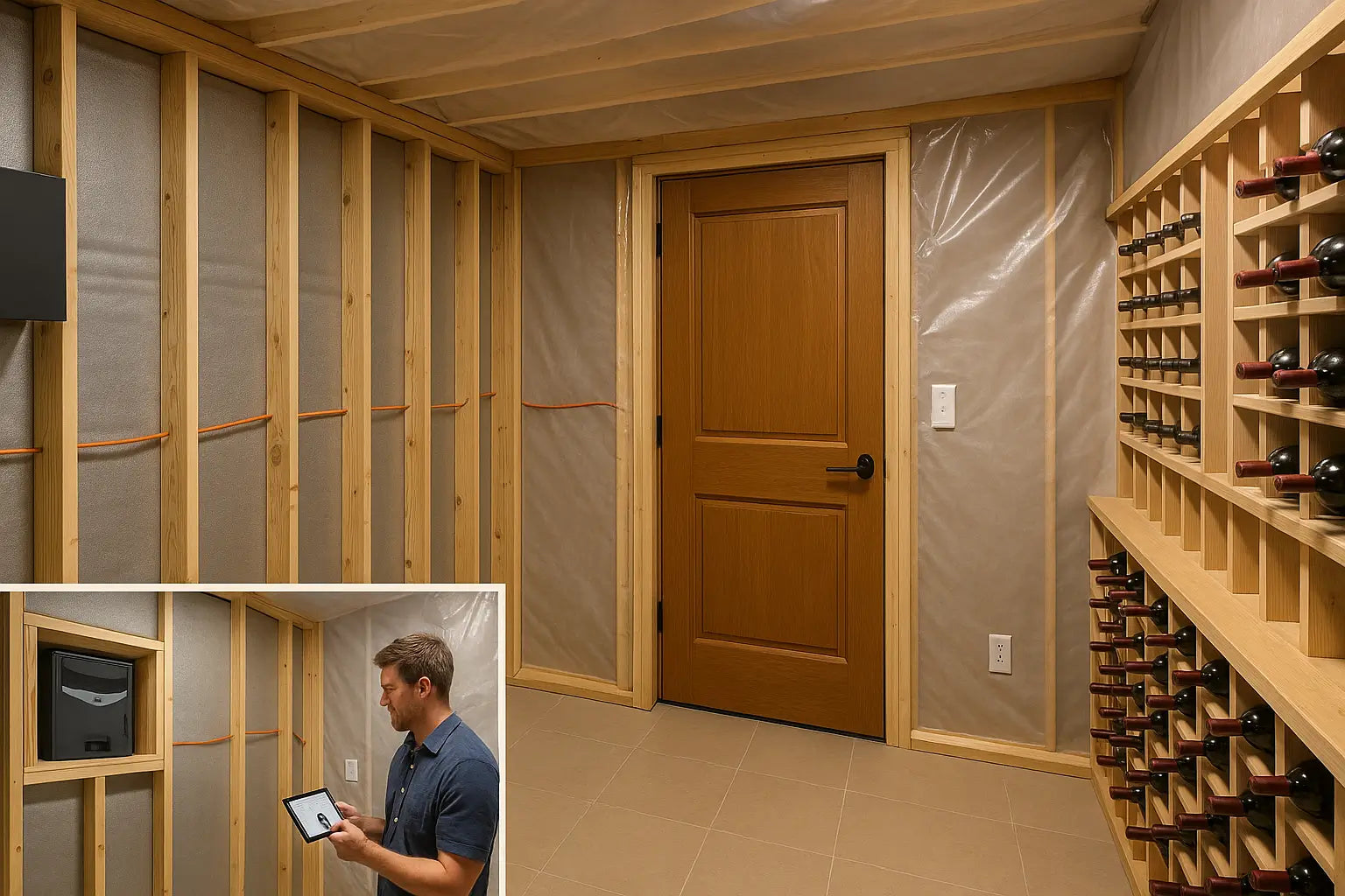 Wine cellar under construction with insulation, vapor barrier, and exterior-grade door for climate control