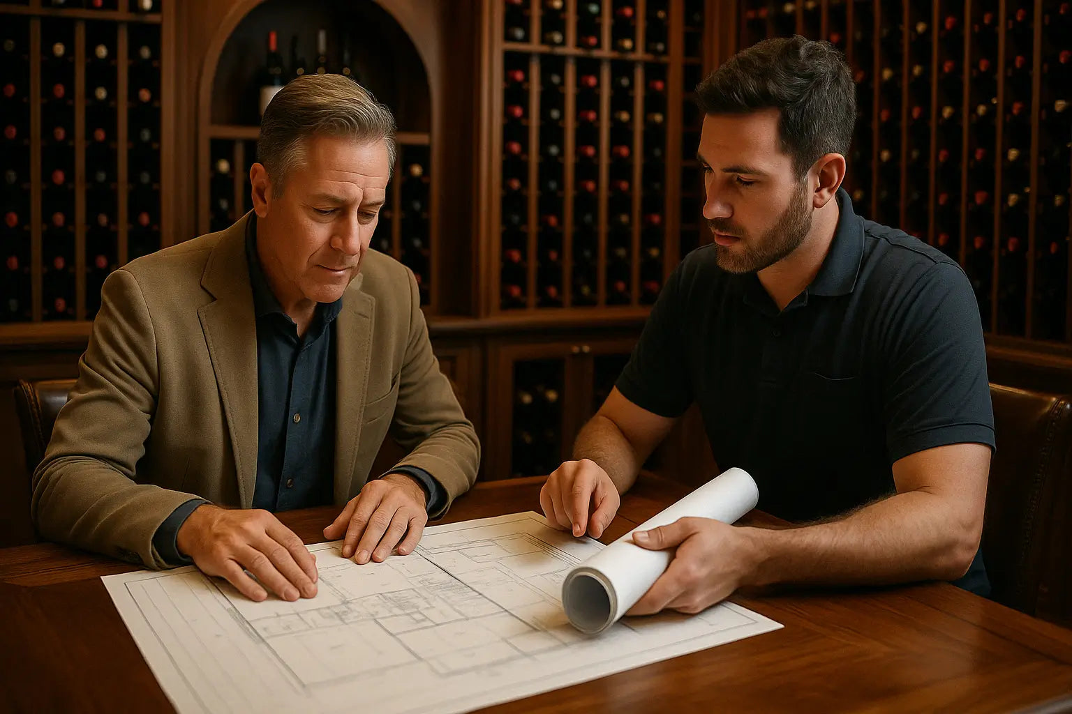 Wine cooling system expert consulting with homeowner over cellar blueprints